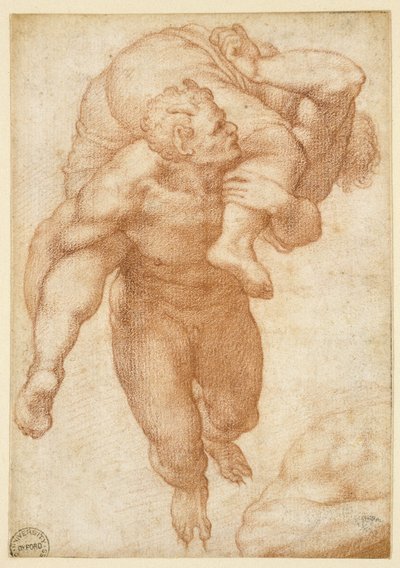 最後の審判からのグループ（淡い茶色の紙に赤いチョーク） 作： Michelangelo Buonarroti